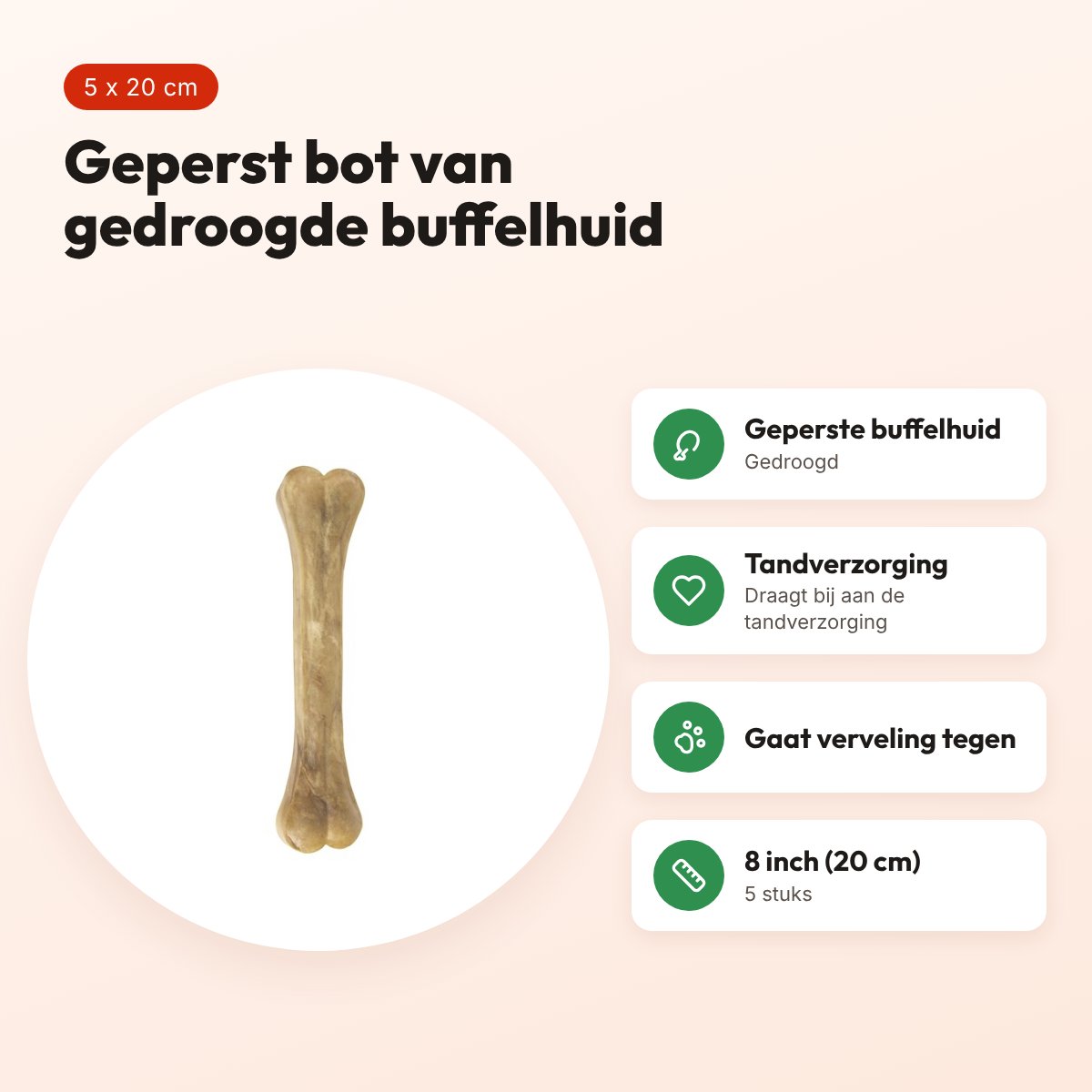 Petsnack geperst bot 8 inch (20 cm) – buffelhuid, 5 stuks – voordelen