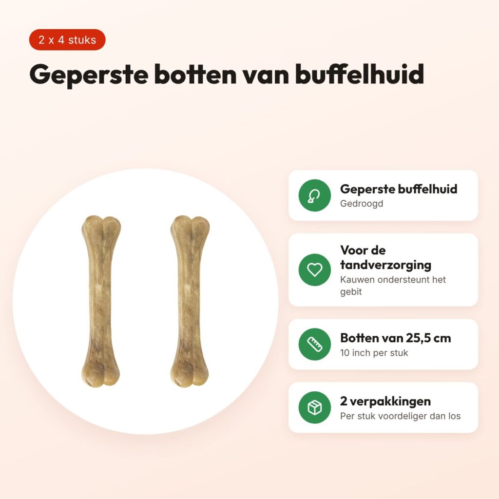 Petsnack geperst bot buffelhuid 10 inch (25,5 cm) – multipack 2 x 4 stuks – voordelen