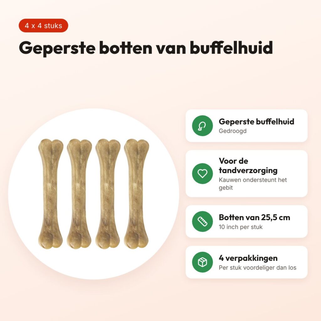 Petsnack geperst bot buffelhuid 10 inch (25,5 cm) – multipack 4 x 4 stuks – voordelen