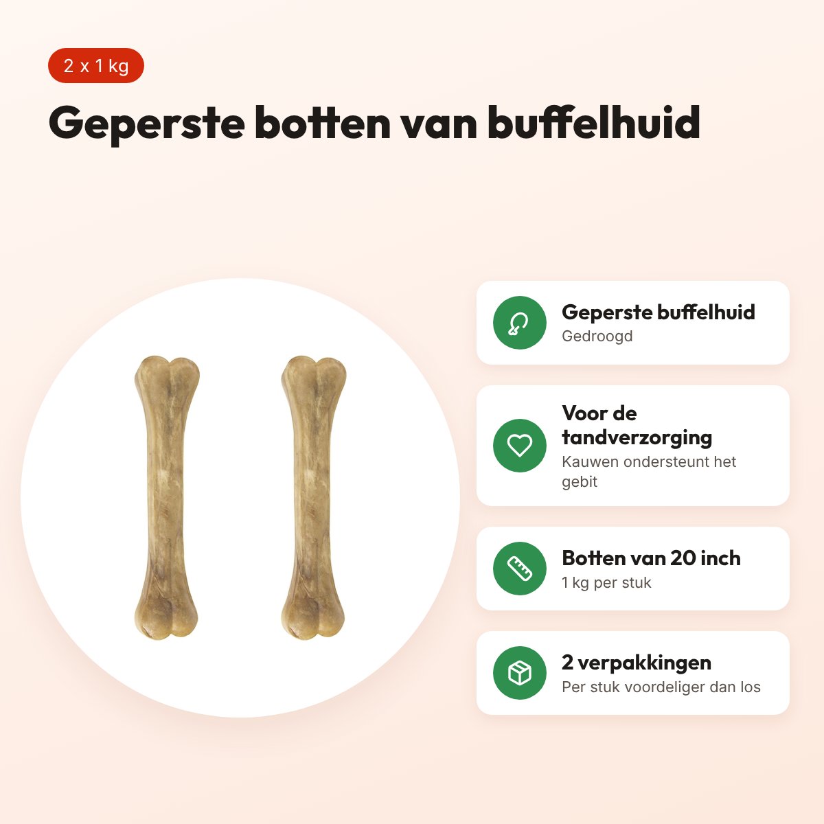 Petsnack geperst bot buffelhuid 20 inch 1 kg – multipack 2 stuks – voordelen