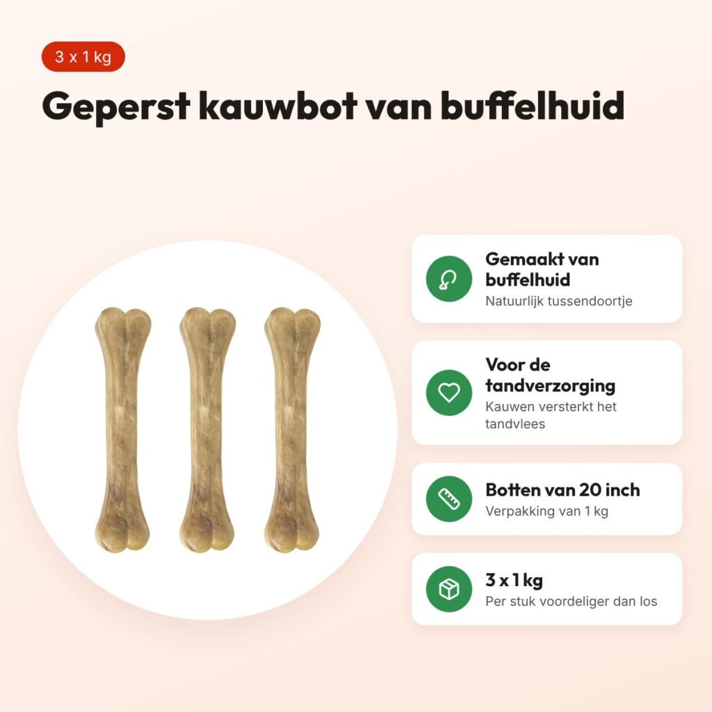 Petsnack geperst bot buffelhuid 20 inch 1 kg – multipack 3 stuks – voordelen