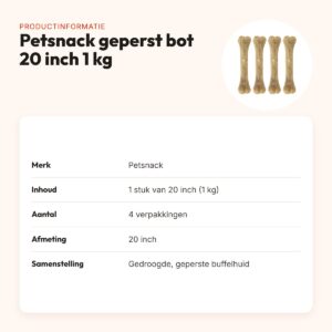 Petsnack geperst bot buffelhuid 20 inch 1 kg – multipack 4 stuks – productinformatie