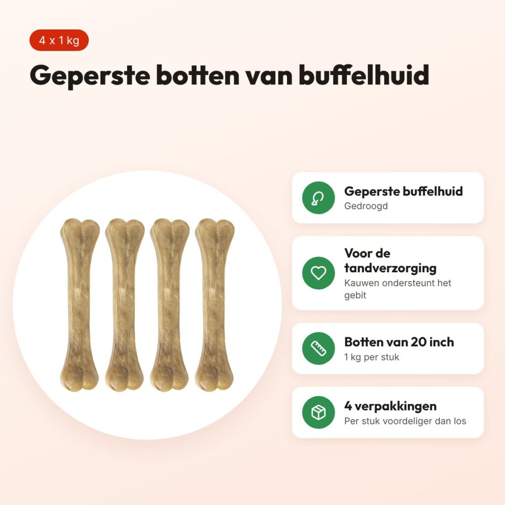 Petsnack geperst bot buffelhuid 20 inch 1 kg – multipack 4 stuks – voordelen