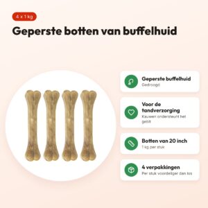 Petsnack geperst bot buffelhuid 20 inch 1 kg – multipack 4 stuks – voordelen