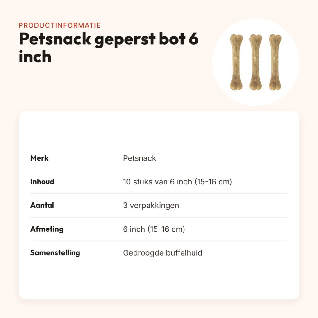 Petsnack geperst bot buffelhuid 6 inch (15-16 cm) – multipack 3 x 10 stuks – productinformatie