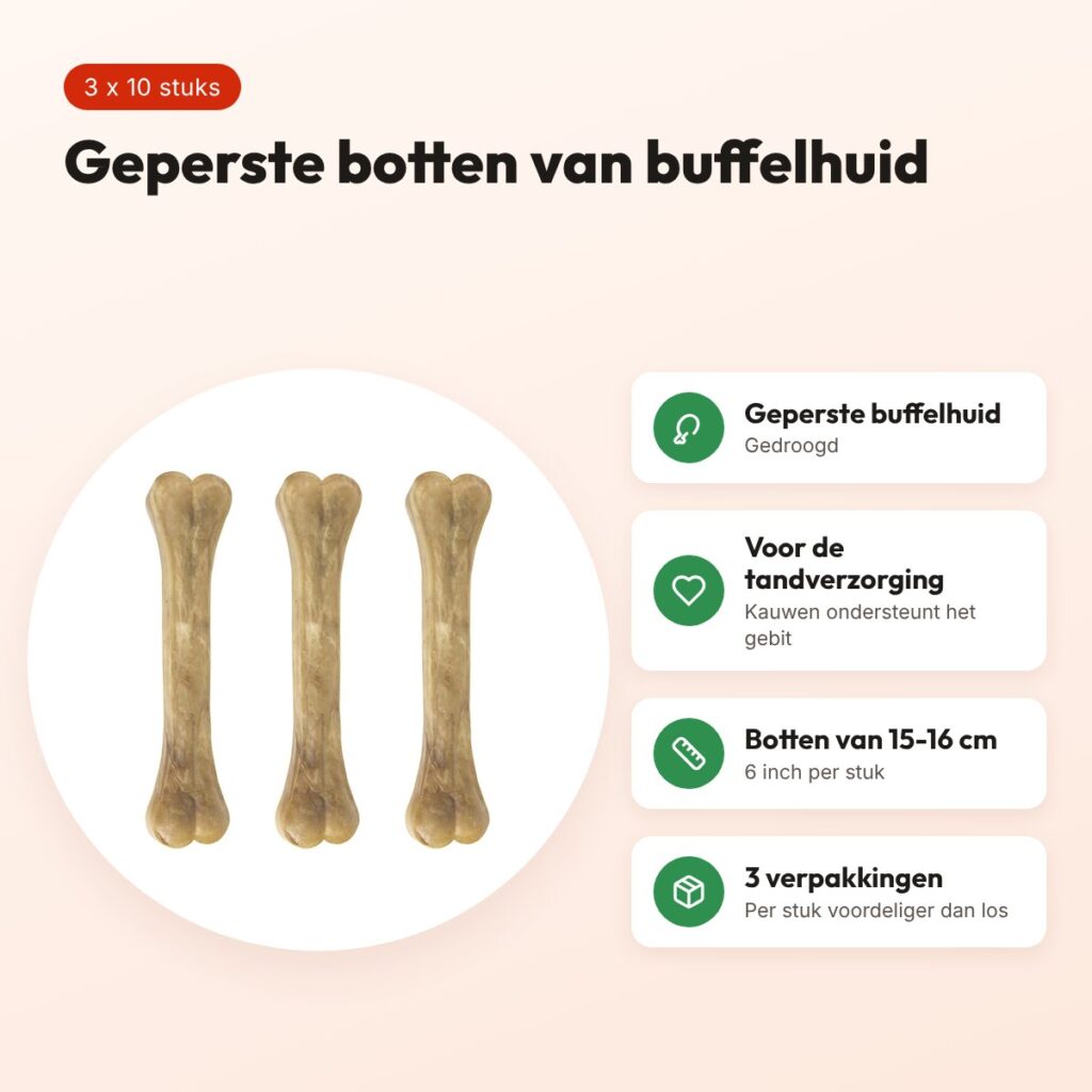 Petsnack geperst bot buffelhuid 6 inch (15-16 cm) – multipack 3 x 10 stuks – voordelen