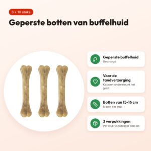 Petsnack geperst bot buffelhuid 6 inch (15-16 cm) – multipack 3 x 10 stuks – voordelen