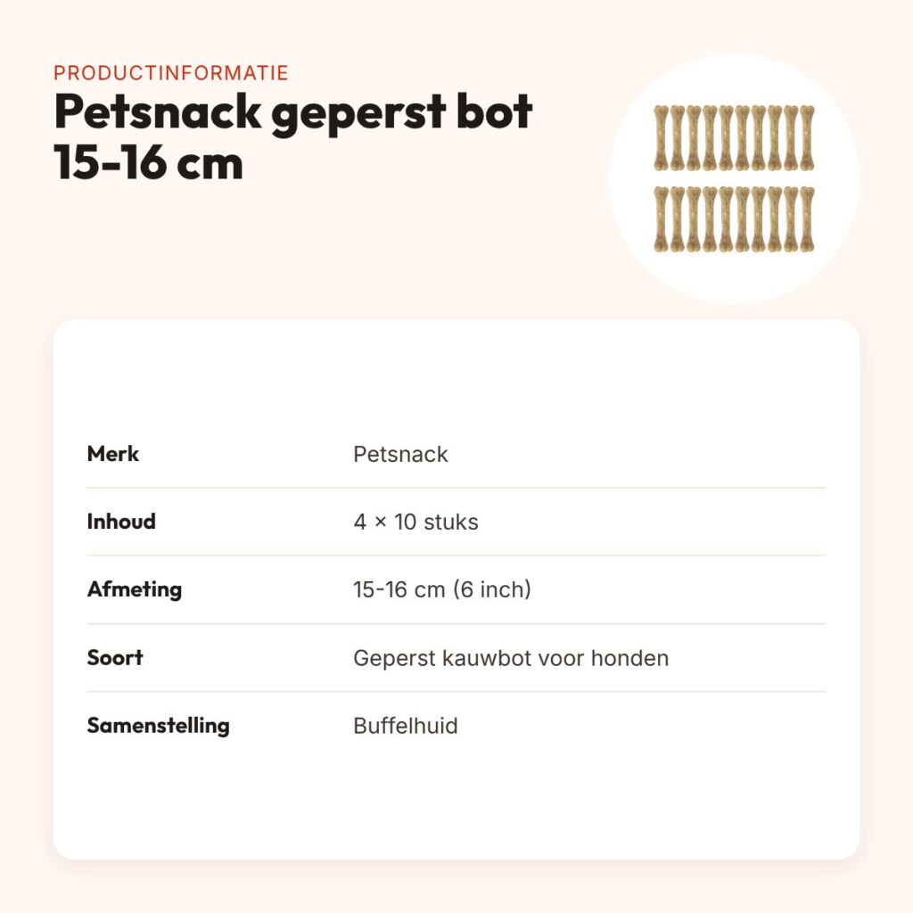 Petsnack geperst bot buffelhuid 6 inch (15-16 cm) – multipack 4 x 10 stuks – productinformatie