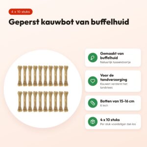 Petsnack geperst bot buffelhuid 6 inch (15-16 cm) – multipack 4 x 10 stuks – voordelen