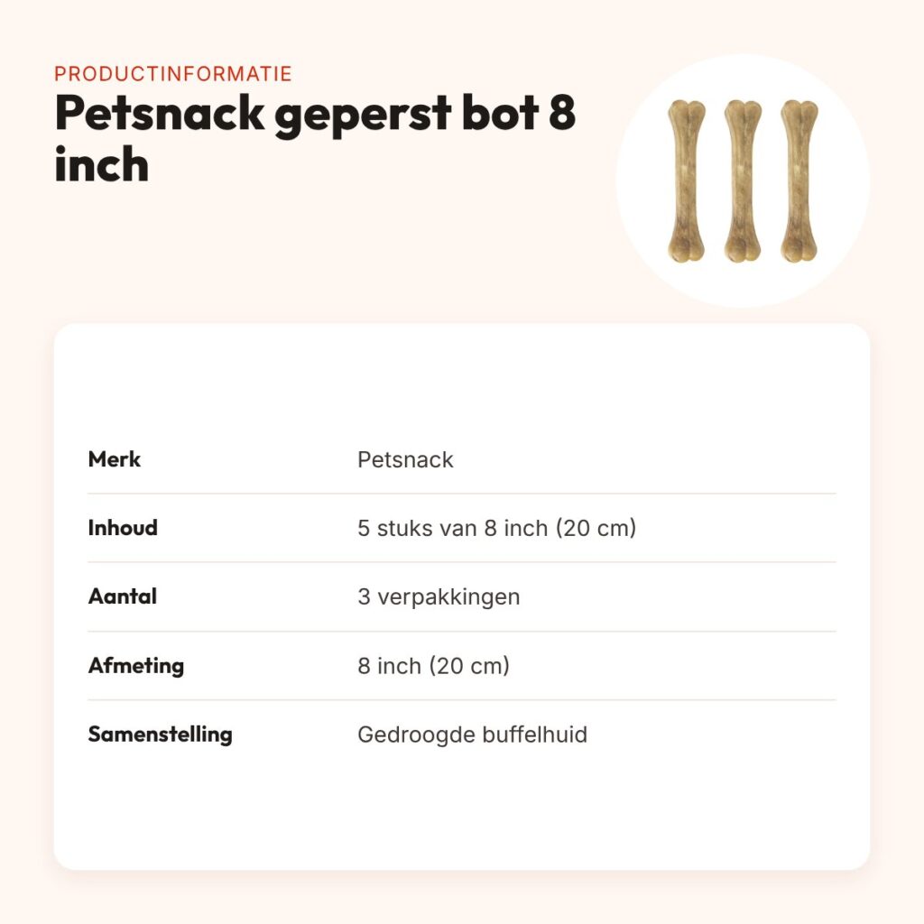 Petsnack geperst bot buffelhuid 8 inch (20 cm) – multipack 3 x 5 stuks – productinformatie