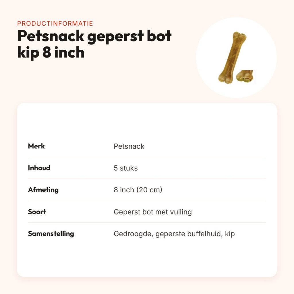 Petsnack geperst bot gevuld met kip 8 inch (20 cm) – buffelhuid, 5 stuks – productinformatie