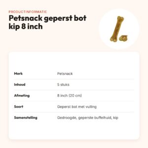 Petsnack geperst bot gevuld met kip 8 inch (20 cm) – buffelhuid, 5 stuks – productinformatie