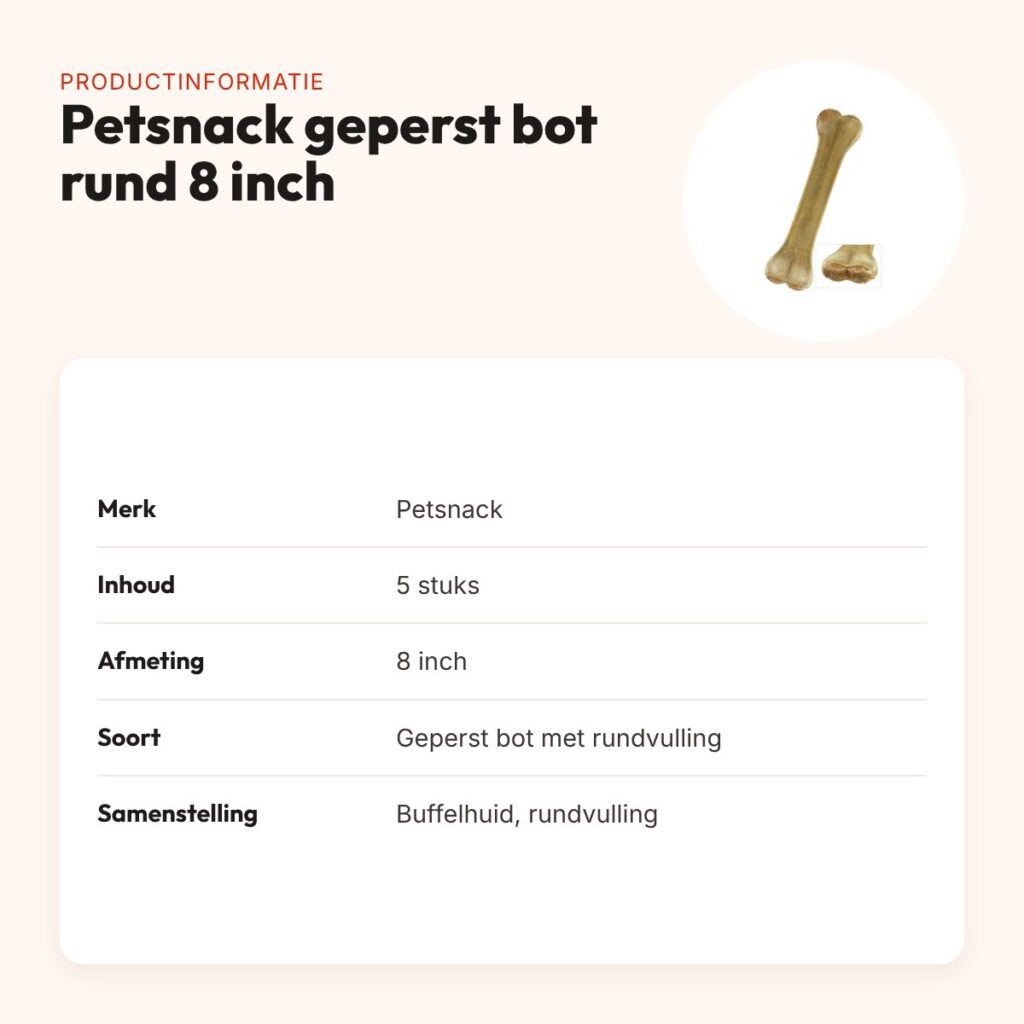 Petsnack geperst bot gevuld met rund 8 inch – buffelhuid, 5 stuks – productinformatie