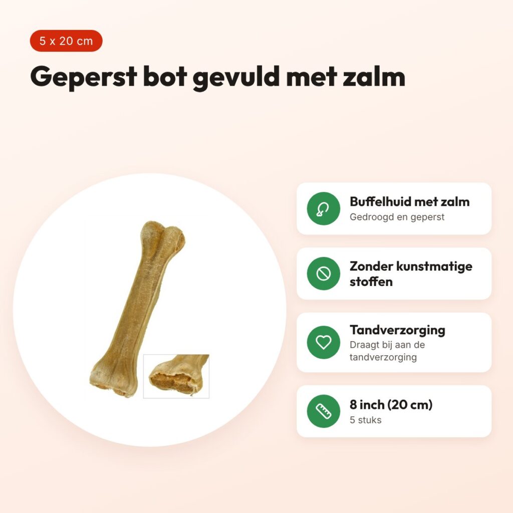 Petsnack geperst bot gevuld met zalm 8 inch (20 cm) – buffelhuid, 5 stuks – voordelen
