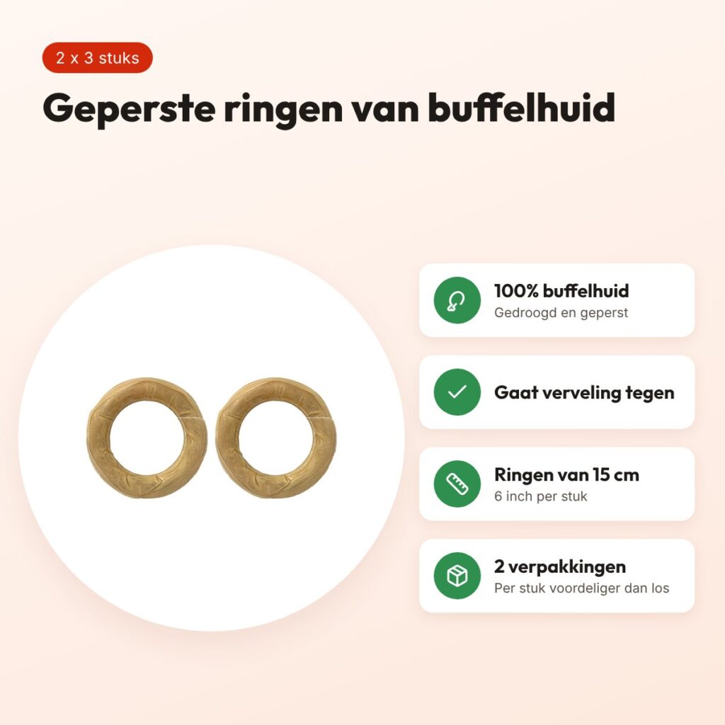 Petsnack geperste ring buffelhuid 6 inch (15 cm) – multipack 2 x 3 stuks – voordelen