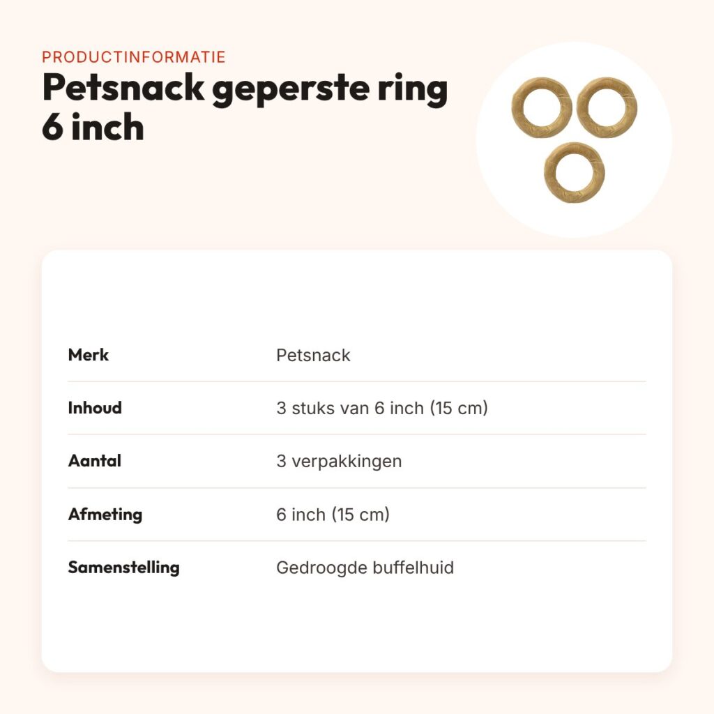 Petsnack geperste ring buffelhuid 6 inch (15 cm) – multipack 3 x 3 stuks – productinformatie
