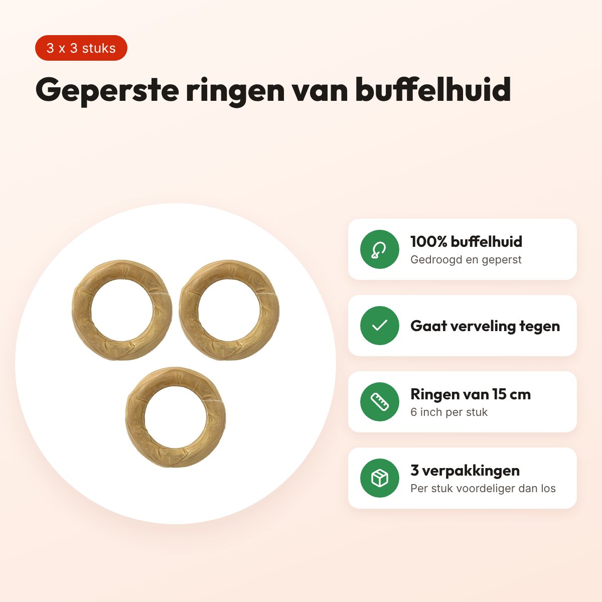 Petsnack geperste ring buffelhuid 6 inch (15 cm) – multipack 3 x 3 stuks – voordelen