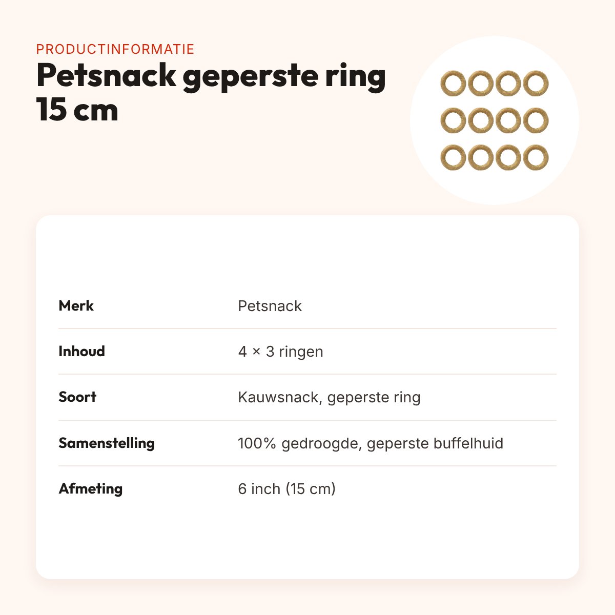 Petsnack geperste ring buffelhuid 6 inch (15 cm) – multipack 4 x 3 stuks – productinformatie