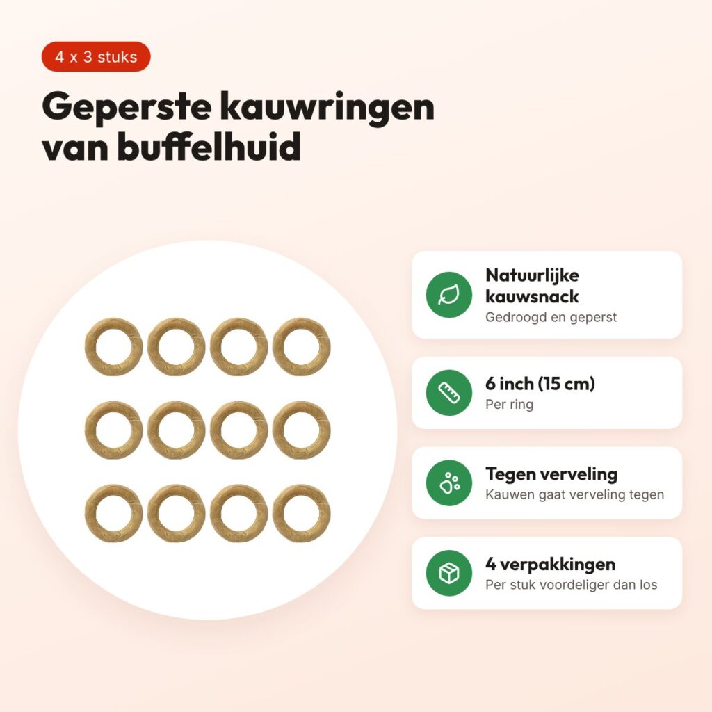 Petsnack geperste ring buffelhuid 6 inch (15 cm) – multipack 4 x 3 stuks – voordelen