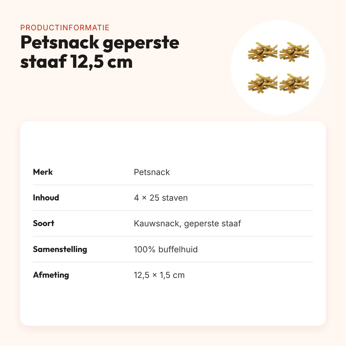 Petsnack geperste staaf 5 inch (12,5 cm) – multipack 4 x 25 stuks – productinformatie