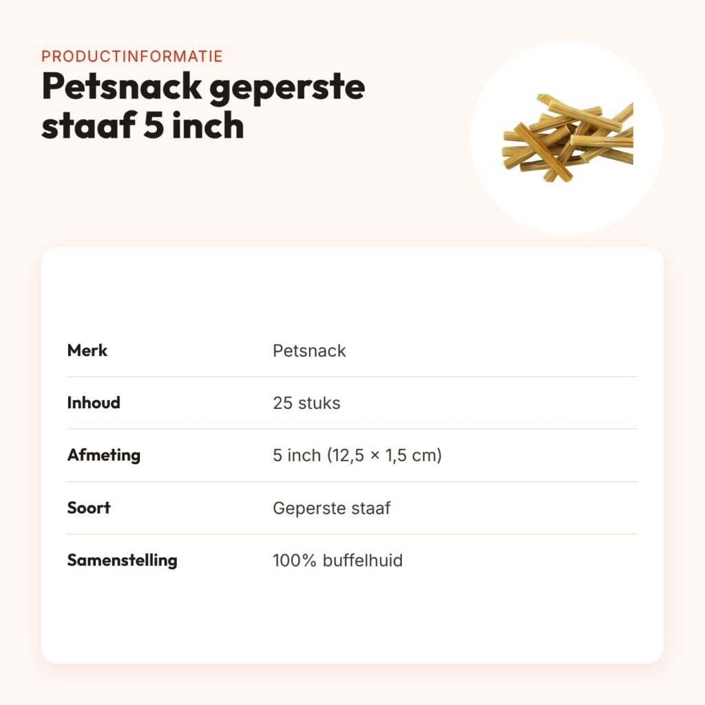 Petsnack geperste staaf 5 inch (12,5 x 1,5 cm) – buffelhuid, 25 stuks – productinformatie