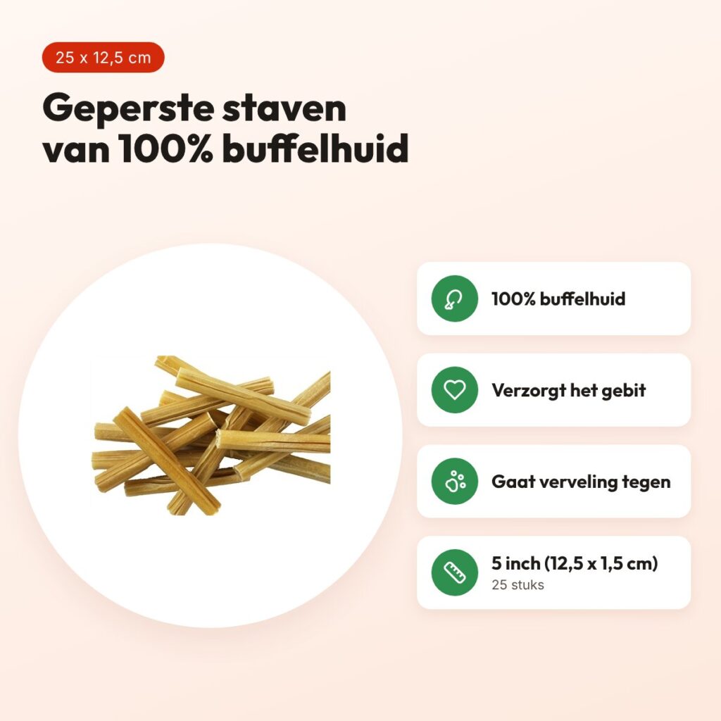 Petsnack geperste staaf 5 inch (12,5 x 1,5 cm) – buffelhuid, 25 stuks – voordelen