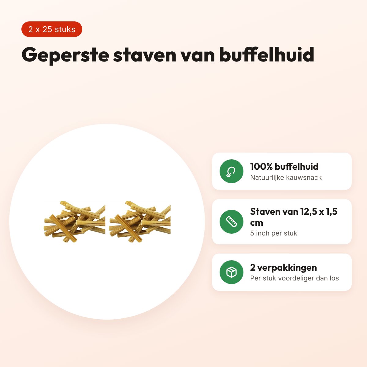 Petsnack geperste staaf buffelhuid 5 inch 12,5 cm – multipack 2 x 25 stuks – voordelen