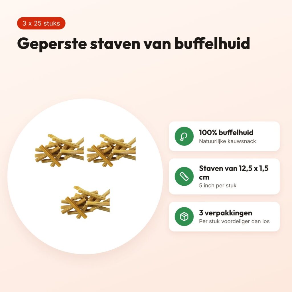 Petsnack geperste staaf buffelhuid 5 inch 12,5 cm – multipack 3 x 25 stuks – voordelen