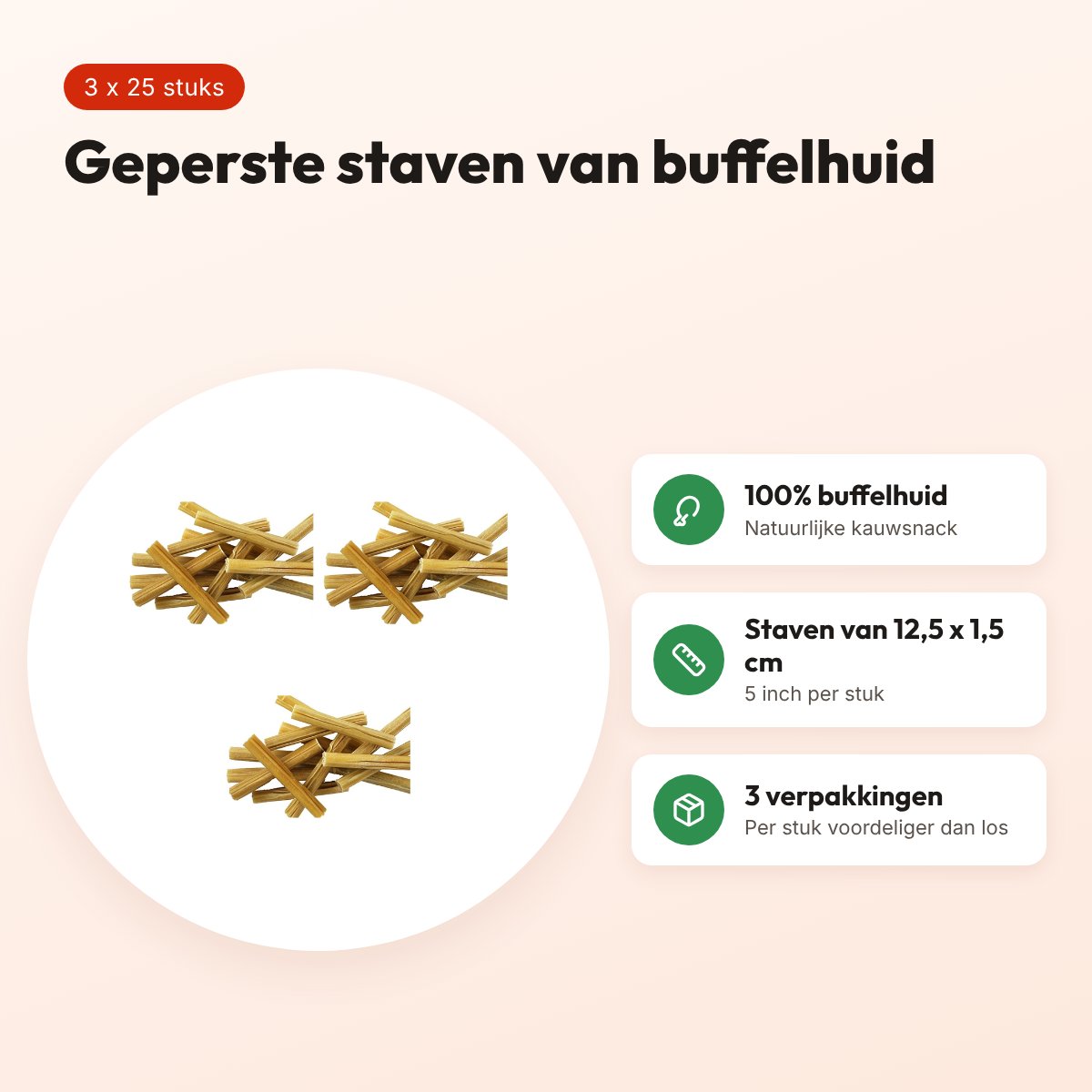 Petsnack geperste staaf buffelhuid 5 inch 12,5 cm – multipack 3 x 25 stuks – voordelen