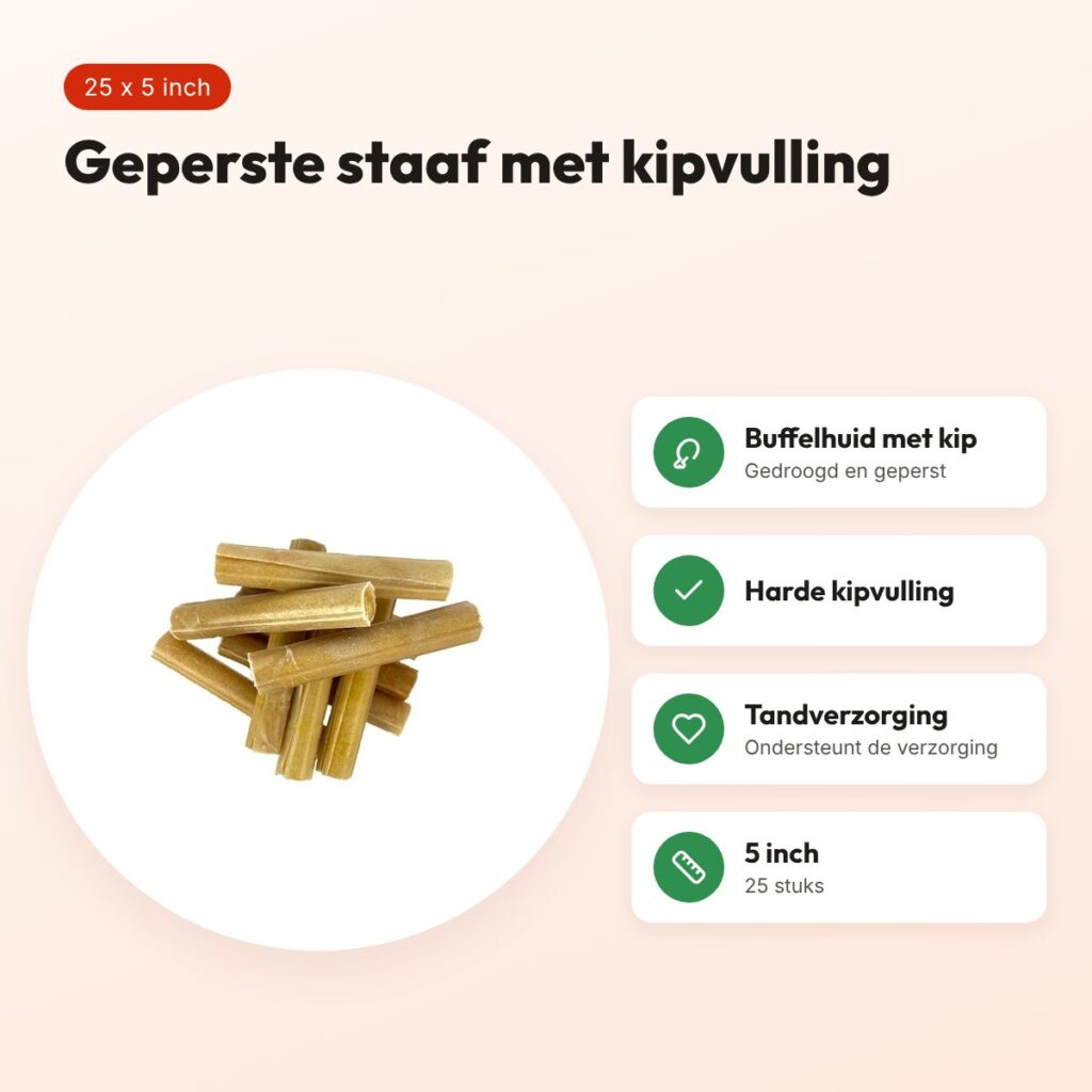 Petsnack geperste staaf met kip 5 inch – buffelhuid, 25 stuks – voordelen