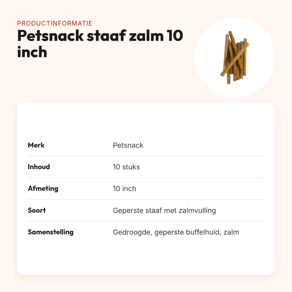 Petsnack geperste staaf met zalm 10 inch – buffelhuid, 10 stuks – productinformatie