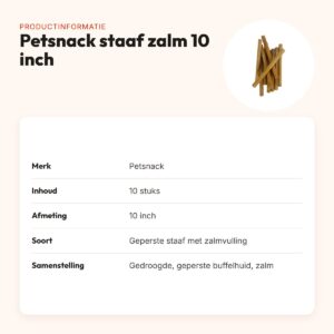 Petsnack geperste staaf met zalm 10 inch – buffelhuid, 10 stuks – productinformatie