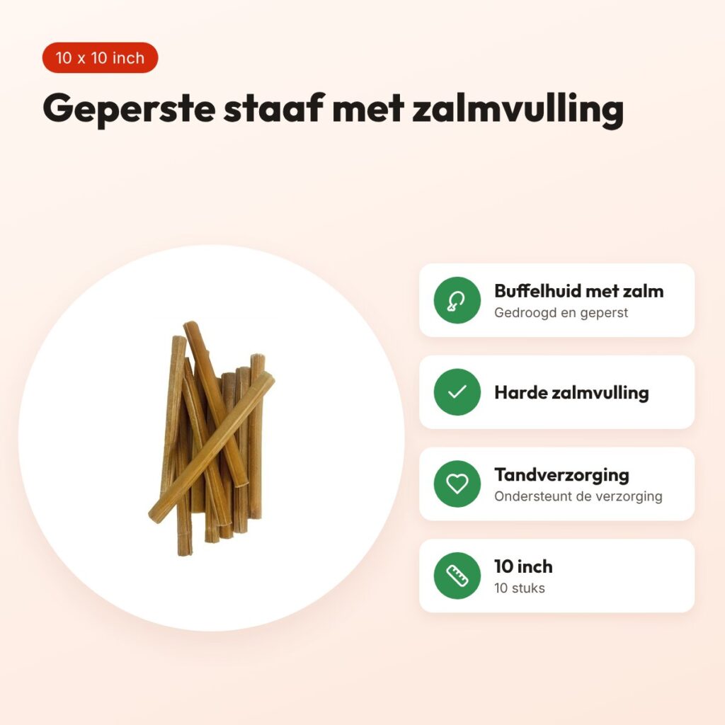Petsnack geperste staaf met zalm 10 inch – buffelhuid, 10 stuks – voordelen