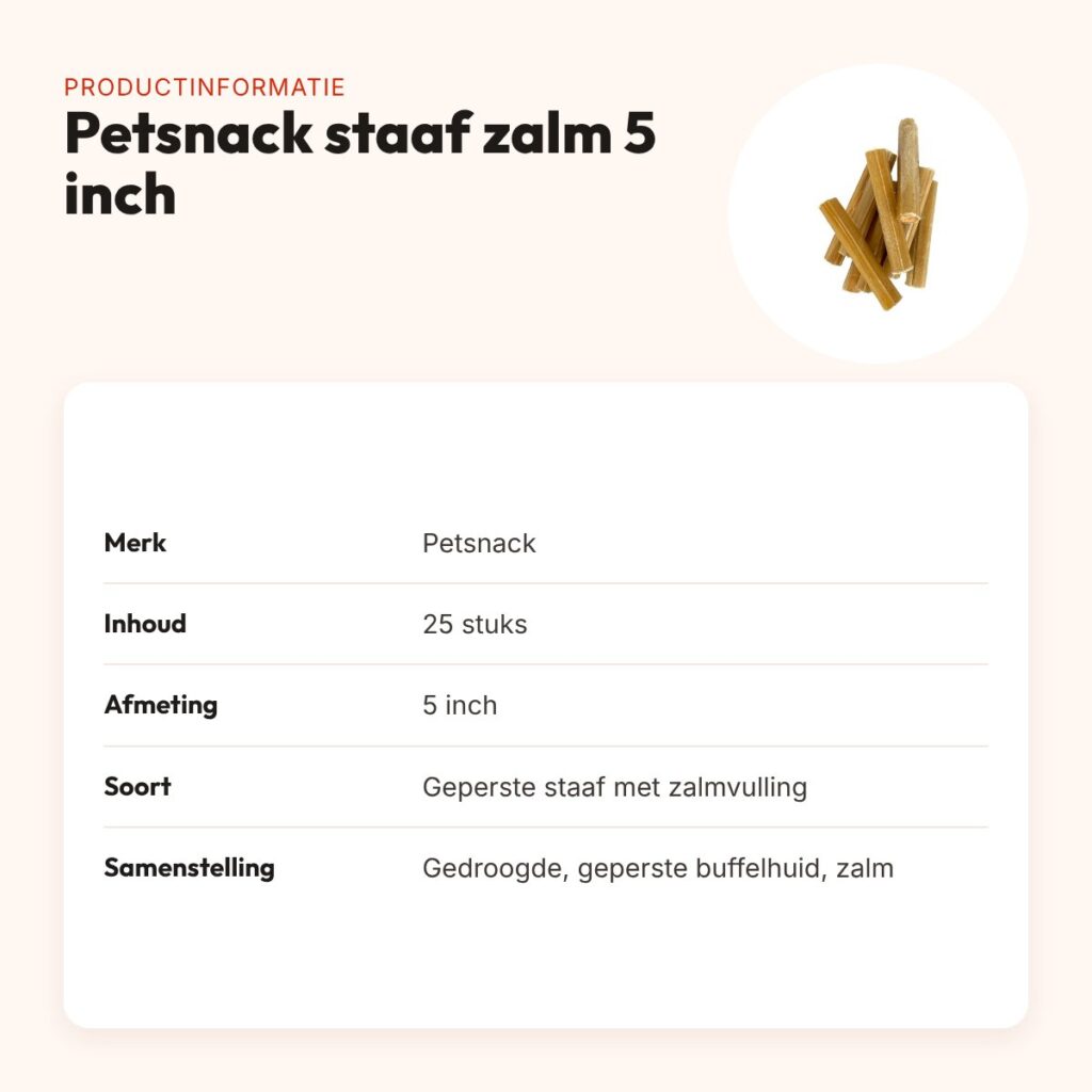 Petsnack geperste staaf met zalm 5 inch – buffelhuid, 25 stuks – productinformatie