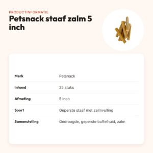 Petsnack geperste staaf met zalm 5 inch – buffelhuid, 25 stuks – productinformatie
