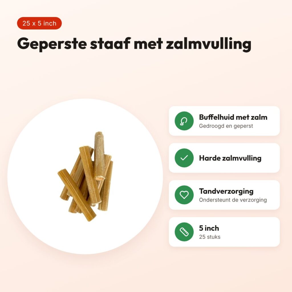 Petsnack geperste staaf met zalm 5 inch – buffelhuid, 25 stuks – voordelen