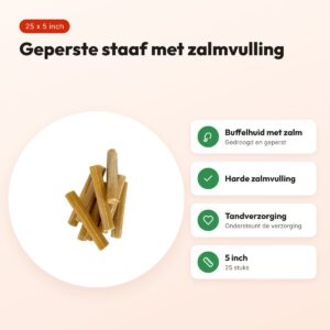 Petsnack geperste staaf met zalm 5 inch – buffelhuid, 25 stuks – voordelen