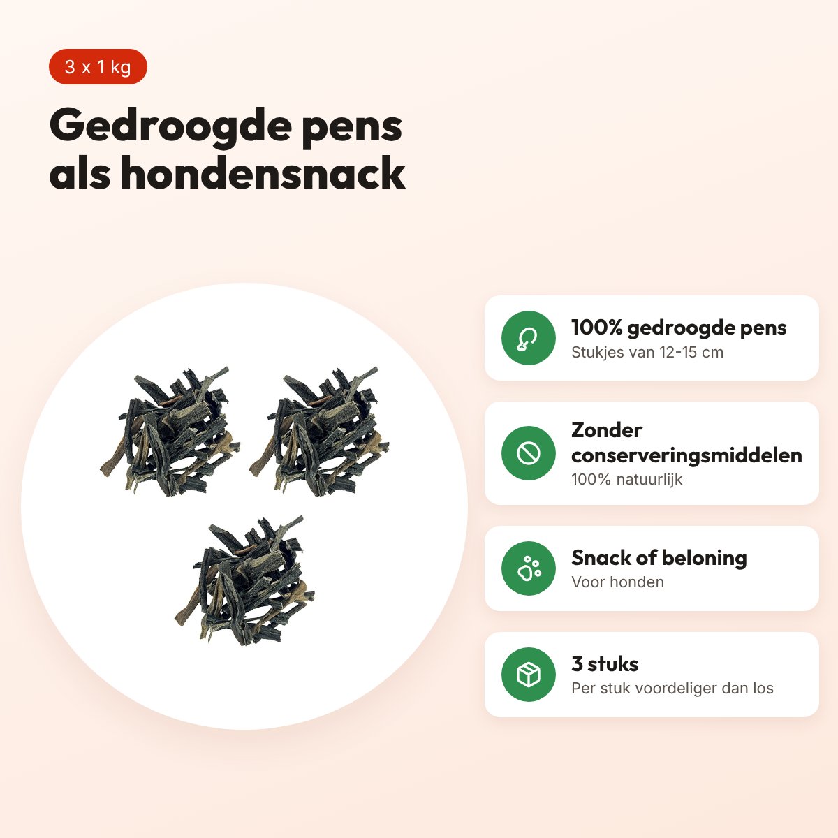 Petsnack hondensnack gedroogde pens 12-15 cm 1 kg – multipack 3 stuks – voordelen