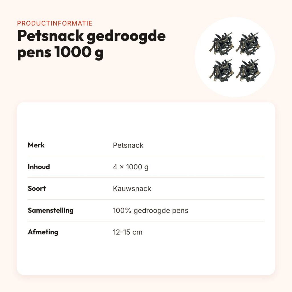 Petsnack hondensnack gedroogde pens 12-15 cm 1000 g – multipack 4 stuks – productinformatie
