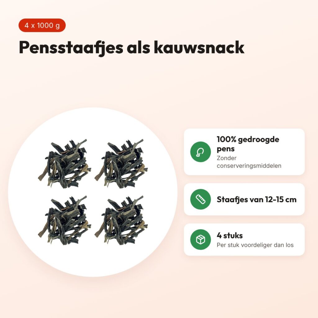 Petsnack hondensnack gedroogde pens 12-15 cm 1000 g – multipack 4 stuks – voordelen