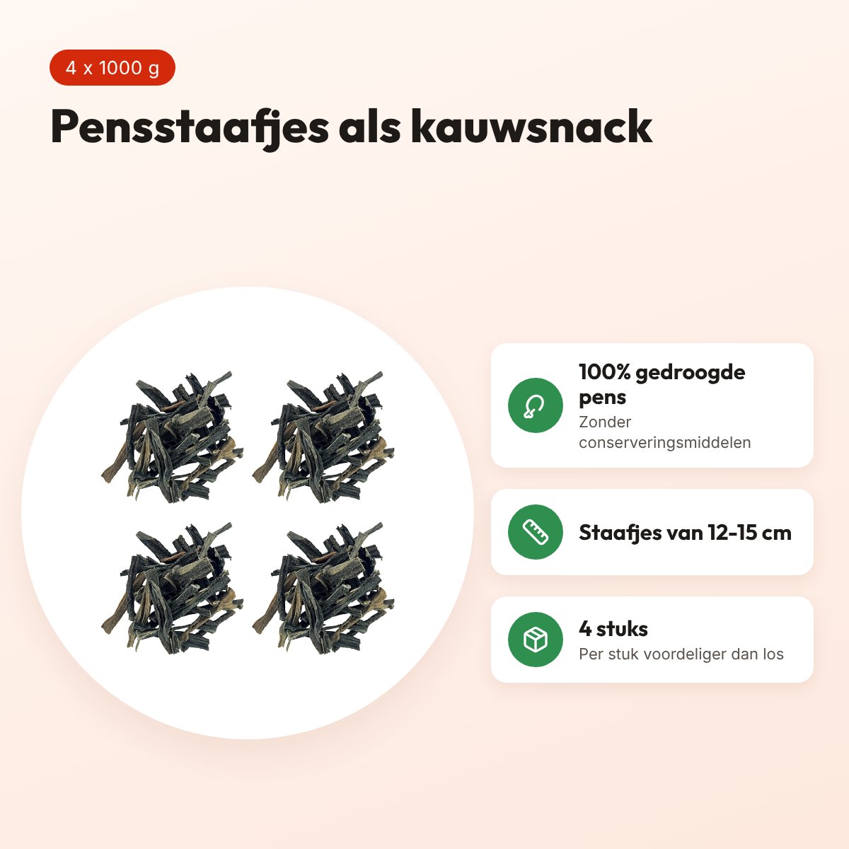 Petsnack hondensnack gedroogde pens 12-15 cm 1000 g – multipack 4 stuks – voordelen