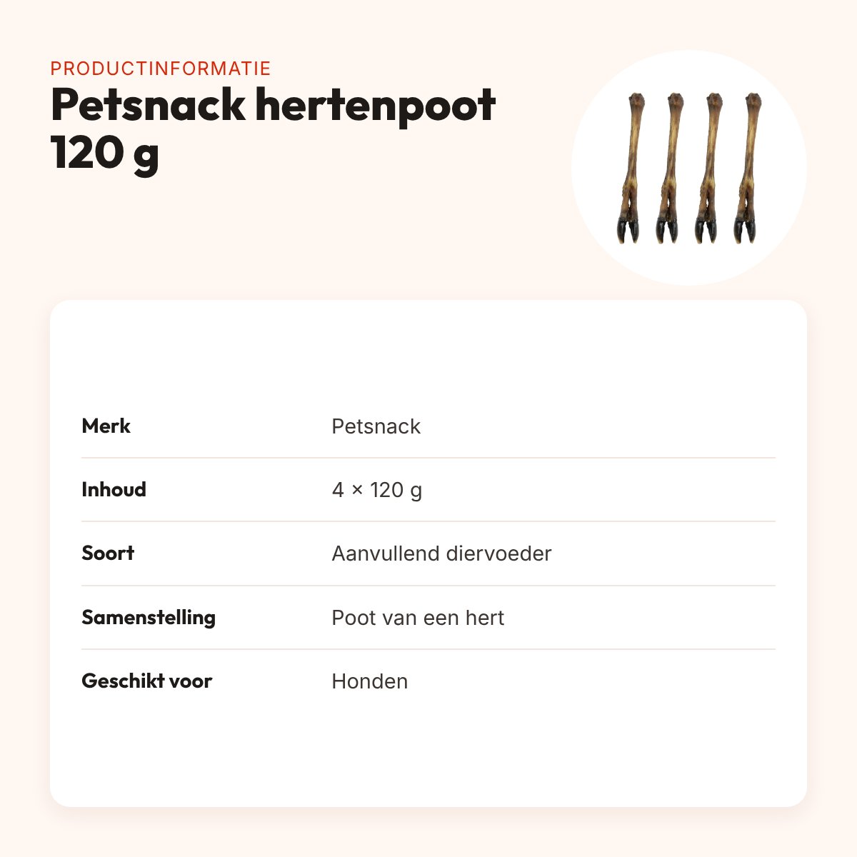 Petsnack hondensnack hertenpoot 120 g – multipack 4 stuks – productinformatie