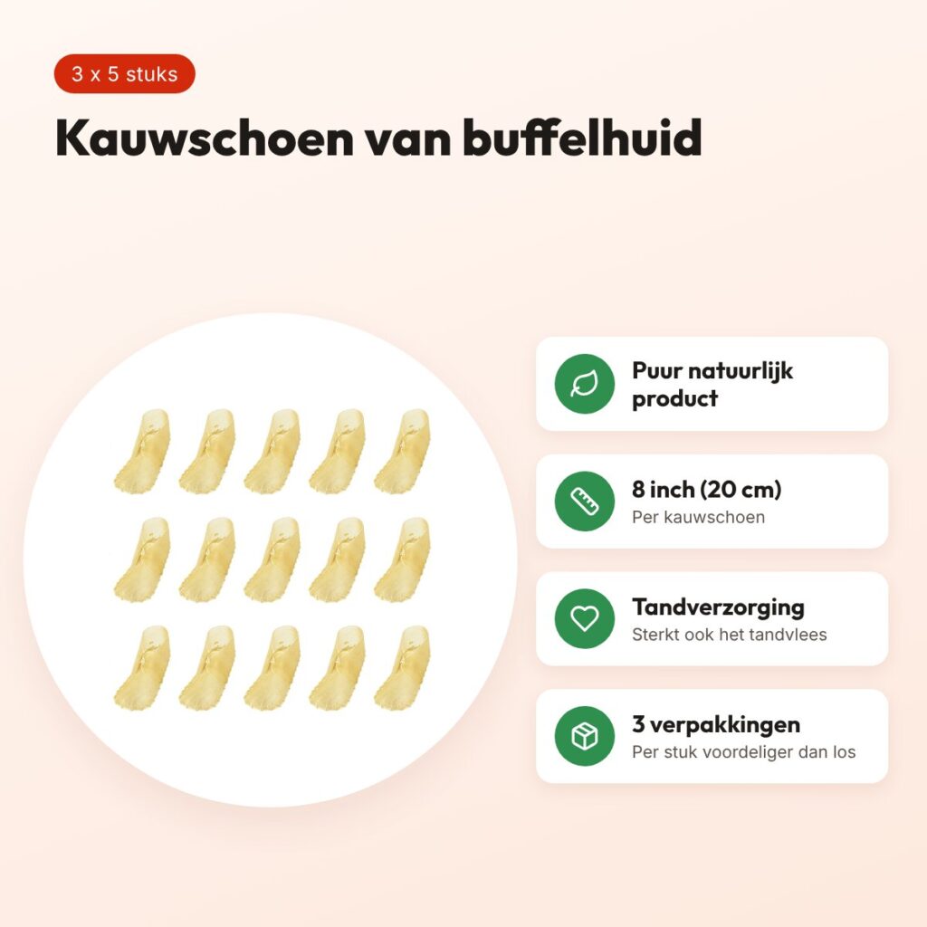 Petsnack kauwschoen buffelhuid 8 inch (20 cm) – multipack 3 x 5 stuks – voordelen