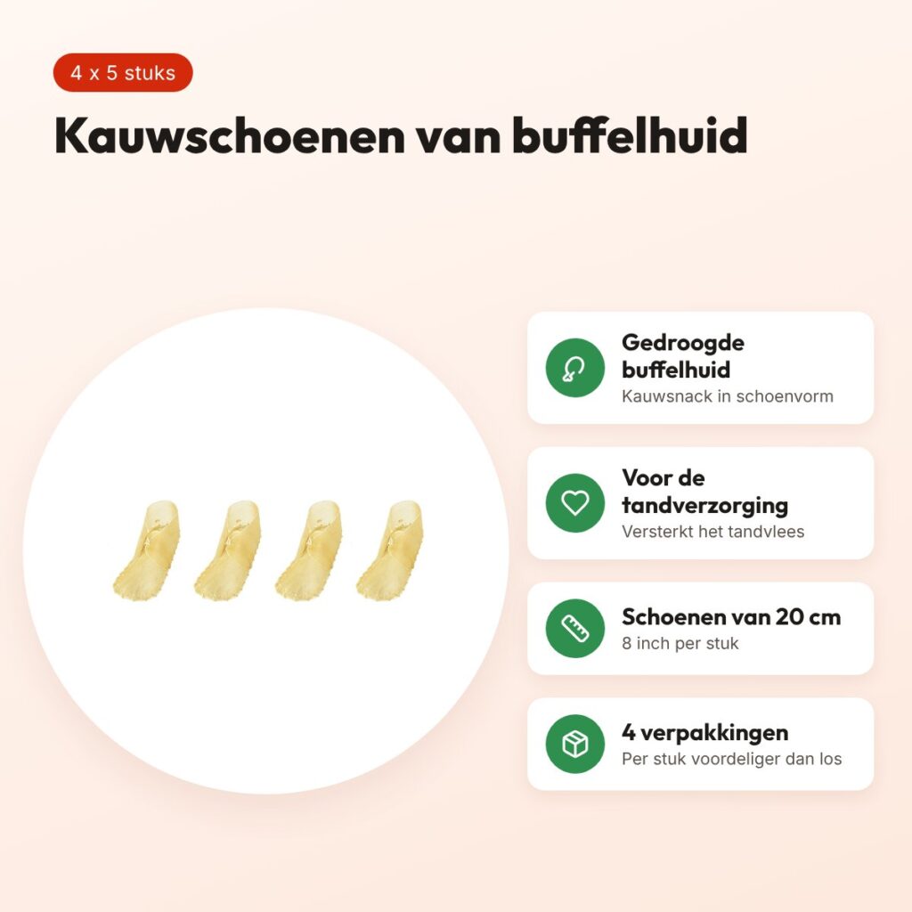 Petsnack kauwschoen buffelhuid 8 inch (20 cm) – multipack 4 x 5 stuks – voordelen