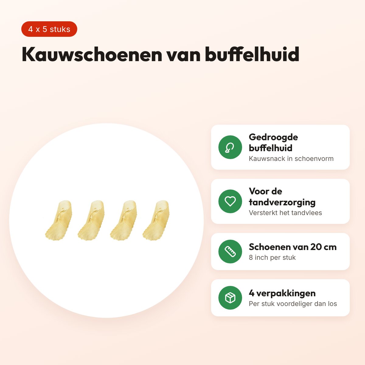 Petsnack kauwschoen buffelhuid 8 inch (20 cm) – multipack 4 x 5 stuks – voordelen