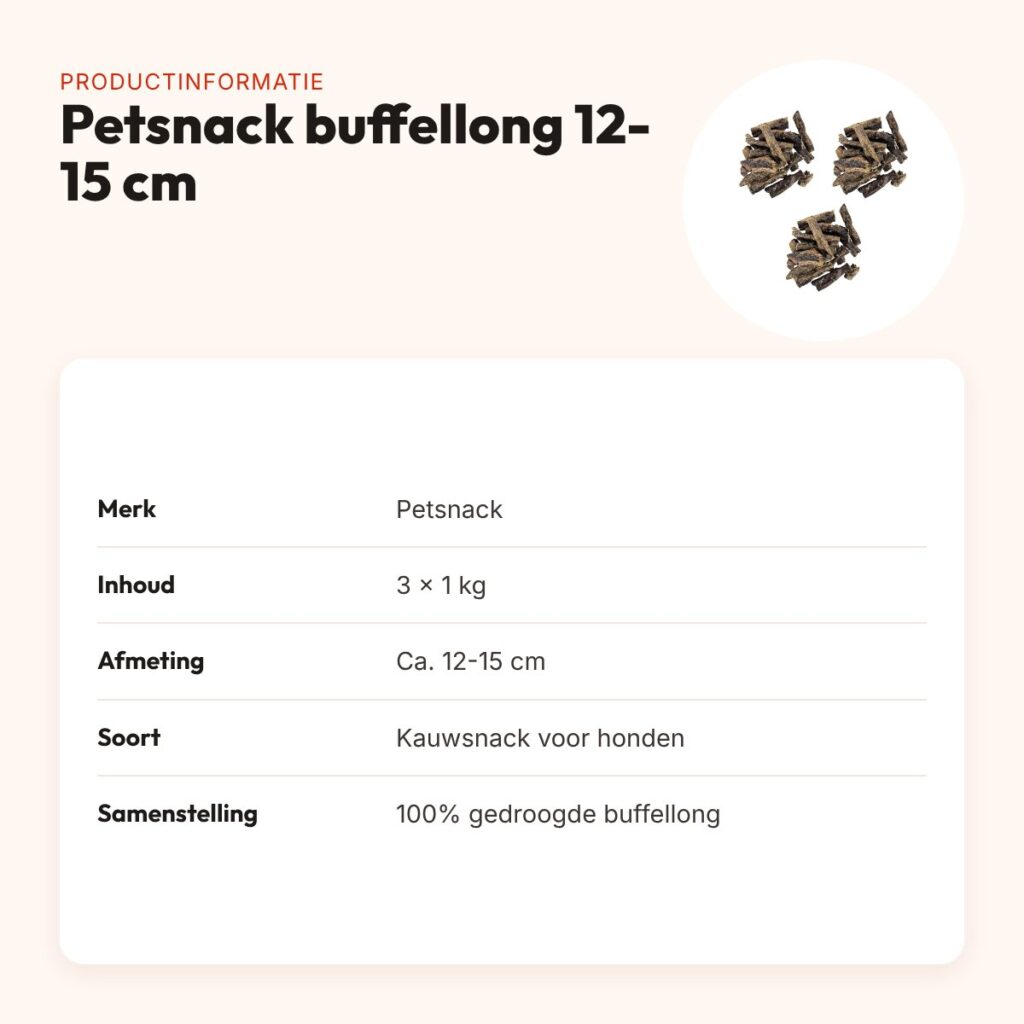 Petsnack kauwsnack buffellong 12-15 cm 1 kg – multipack 3 stuks – productinformatie