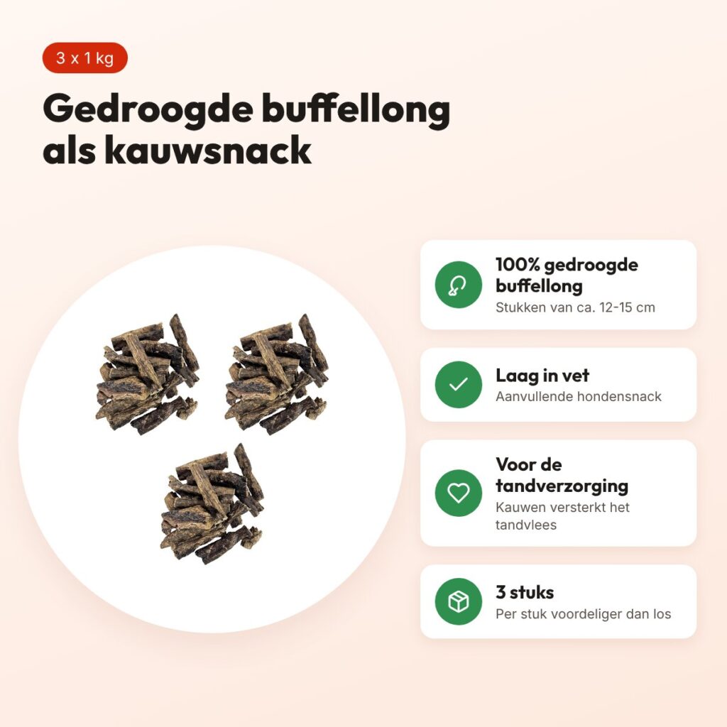 Petsnack kauwsnack buffellong 12-15 cm 1 kg – multipack 3 stuks – voordelen