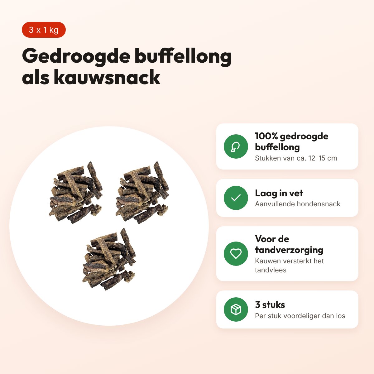 Petsnack kauwsnack buffellong 12-15 cm 1 kg – multipack 3 stuks – voordelen