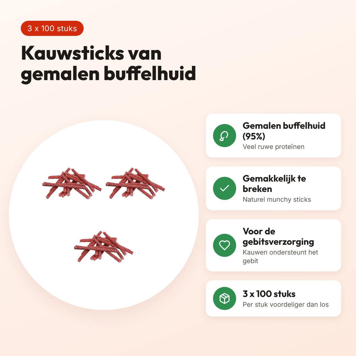 Petsnack kauwsnack Munchy rood 12,5 cm – multipack 3 x 100 stuks – voordelen