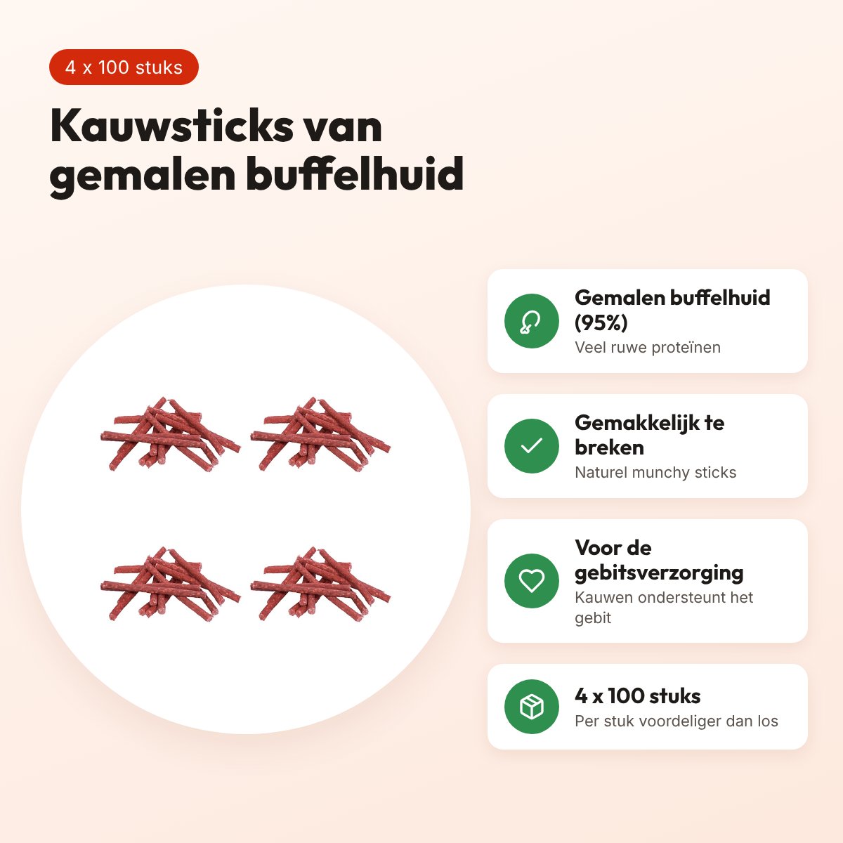 Petsnack kauwsnack Munchy rood 12,5 cm – multipack 4 x 100 stuks – voordelen